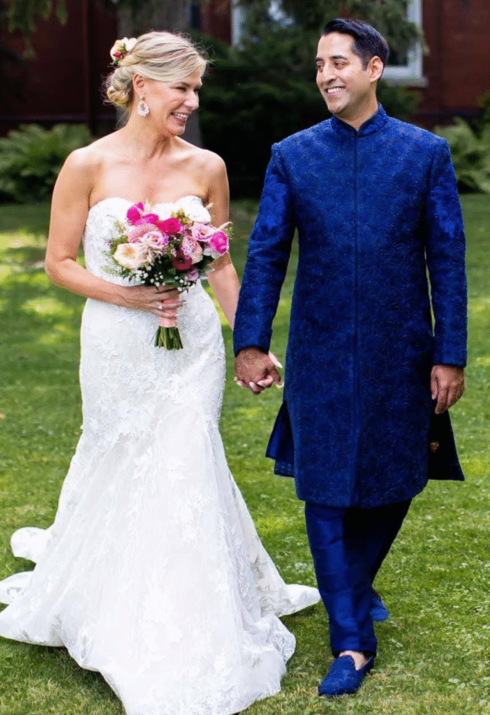 Multicultural wedding sherwani in blue and white bride