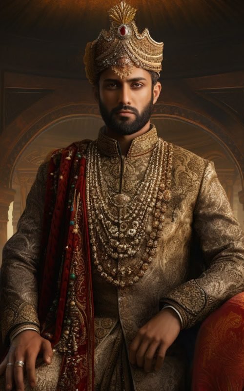 Groom in ornate golden sherwani with traditional jewelry and decorative turban seated on carved throne in palace setting