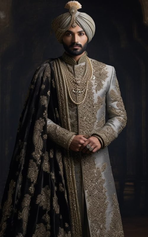 Man in cream sherwani with embroidered details and black dupatta wearing traditional turban in architectural setting