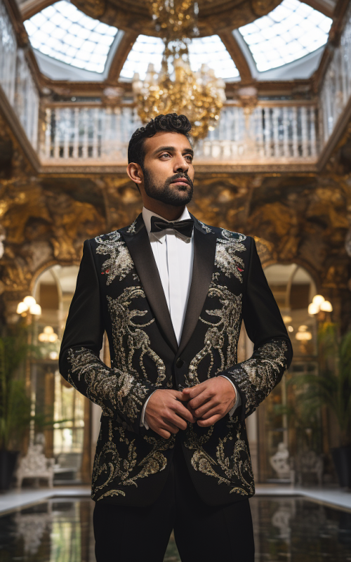 Groom in Embroidered Black Sherwani Tuxedo Urban Groomswear with City Skyline