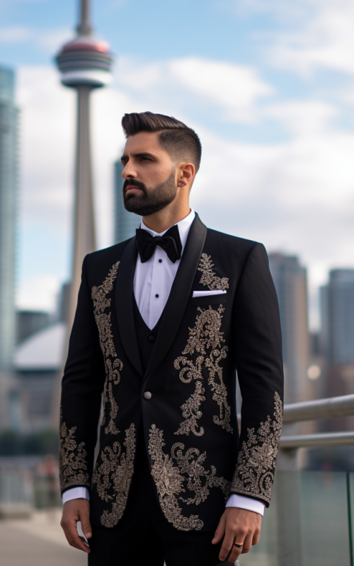Groom in Black Embellished Sherwani Tuxedo at Luxury Palace Venue Regal Groomswear Fashion